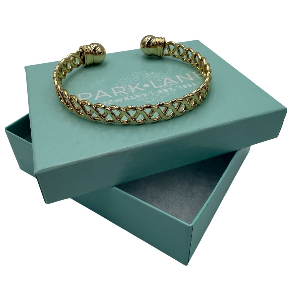 Park Lane Jewelry Gold Tone Woven Lattice Cuff Bracelet with Ball End Caps Box